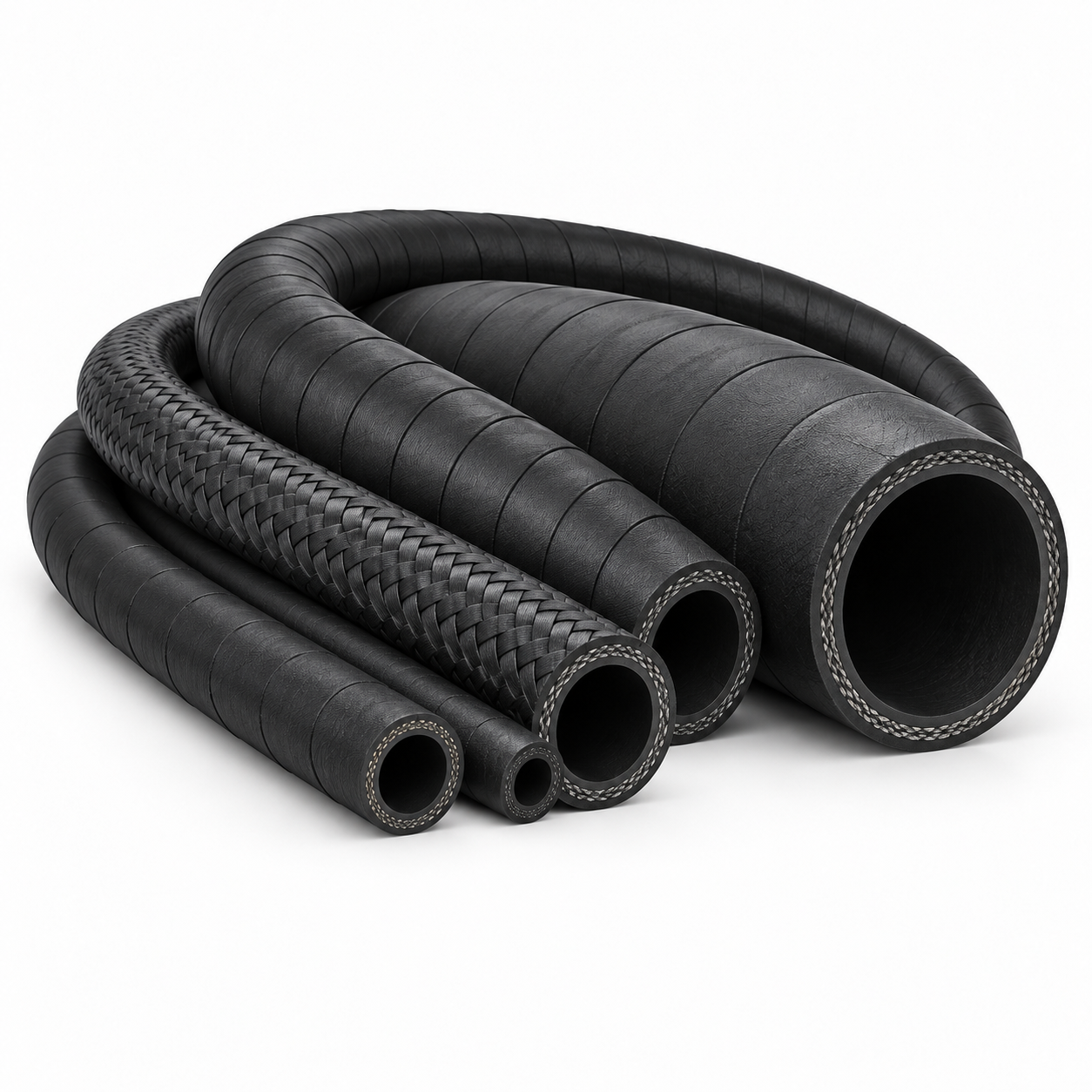 Coiled black industrial rubber hose