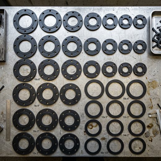 Rubber flange gaskets laid out on a workbench